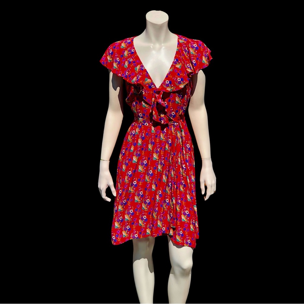 Red ANTHROPOLOGIE MAEVE Calico Floral Faux Wrap Sleeveless Mimi Dress 4 - Picture 6 of 10